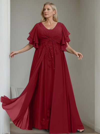 A-Line/Princess V-Neck Half Sleeves Floor-Length Unique Plus Size Mother of the Bride Dresses with Sequins & Ruffles main image 1