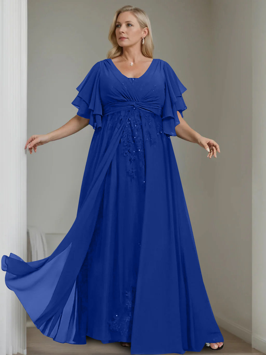 A-Line/Princess V-Neck Half Sleeves Floor-Length Unique Plus Size Mother of the Bride Dresses with Sequins & Ruffles Dark Royal Blue