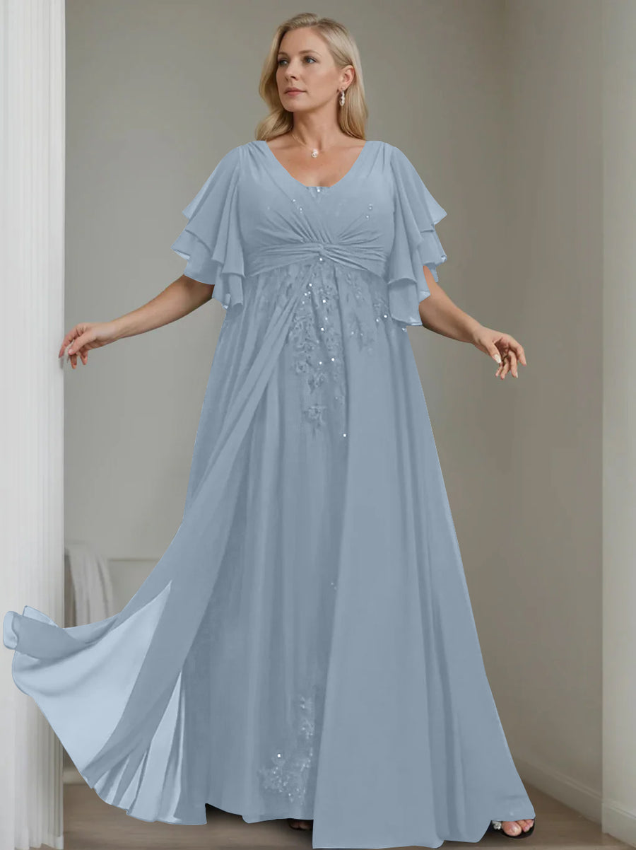 A-Line/Princess V-Neck Half Sleeves Floor-Length Unique Plus Size Mother of the Bride Dresses with Sequins & Ruffles