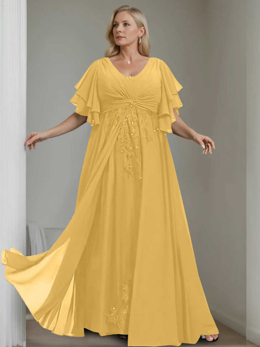A-Line/Princess V-Neck Half Sleeves Floor-Length Unique Plus Size Mother of the Bride Dresses with Sequins & Ruffles