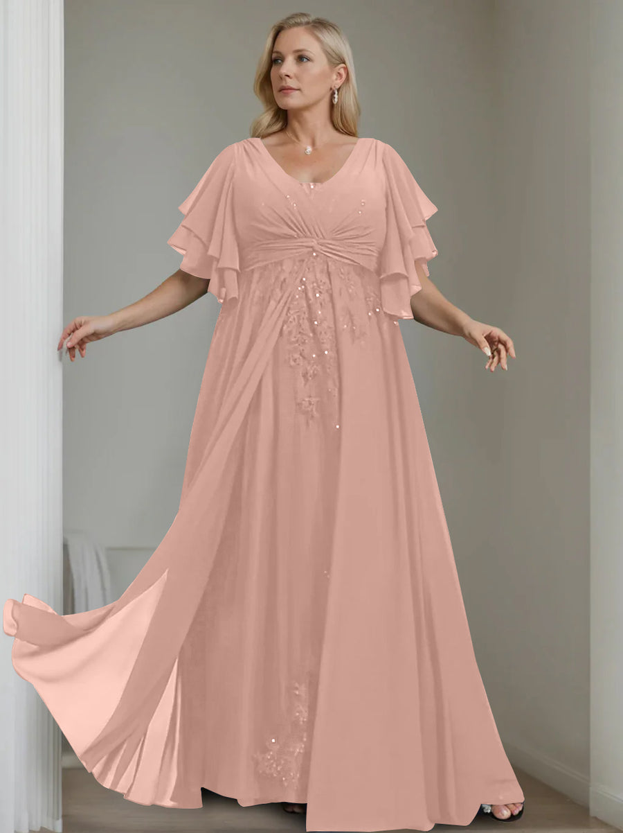 A-Line/Princess V-Neck Half Sleeves Floor-Length Unique Plus Size Mother of the Bride Dresses with Sequins & Ruffles