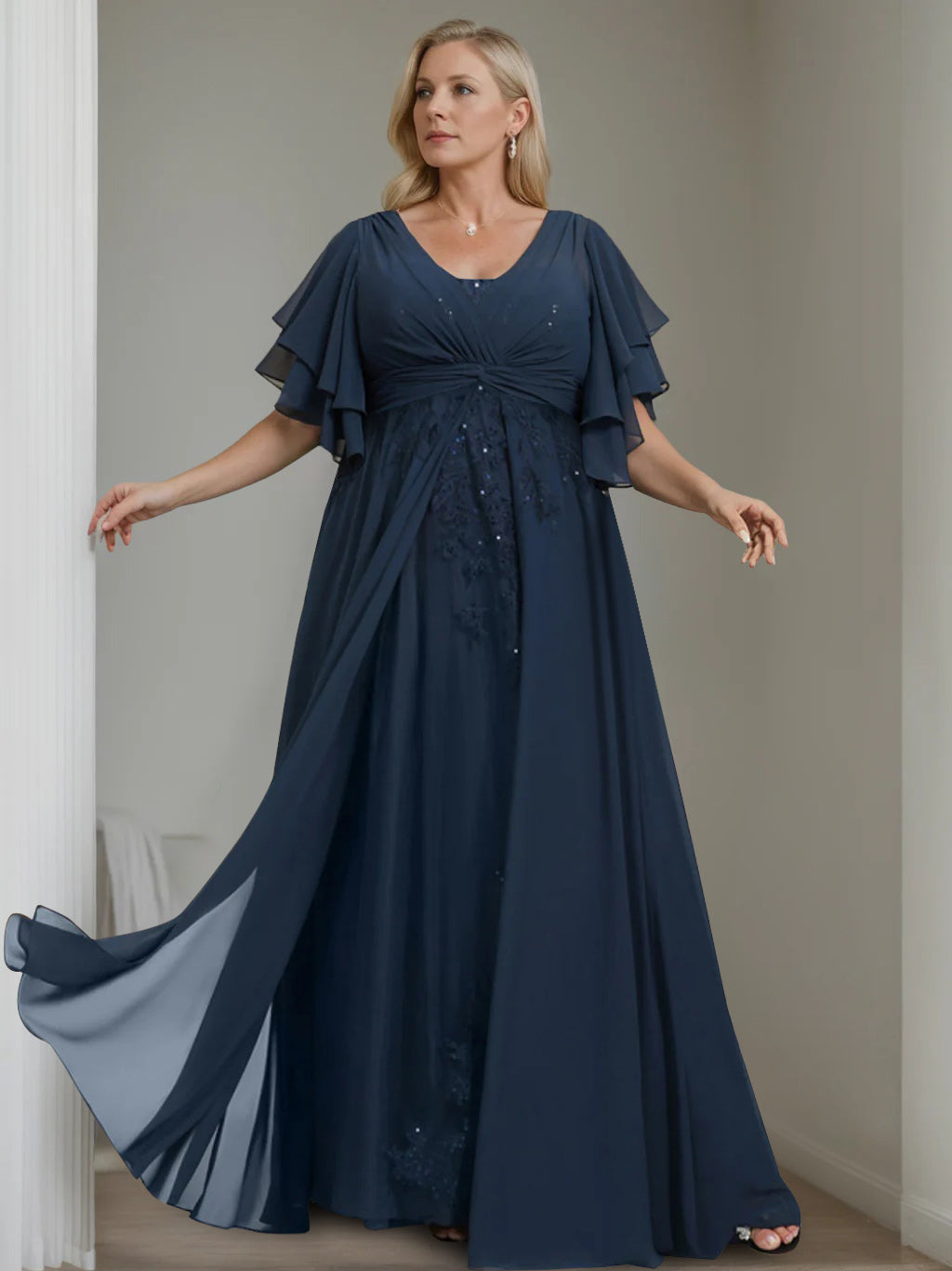 Navy Blue Mother of The Bride Dresses 2026 A-Line V-Neck Flutter Sleeves Floor-Length Chiffon Formal Evening Gowns with Sequins & Ruffles, Navy Blue Navy Blue Mother of The Bride Dresses 2026 A-Line V-Neck Flutter Sleeves Floor-Length Chiffon Formal Evening Gowns with Sequins & Ruffles, Navy Blue