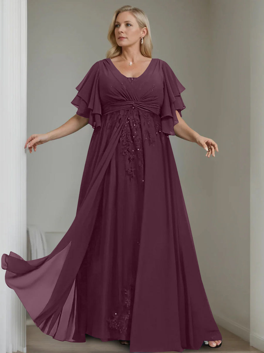 A-Line/Princess V-Neck Half Sleeves Floor-Length Unique Plus Size Mother of the Bride Dresses with Sequins & Ruffles