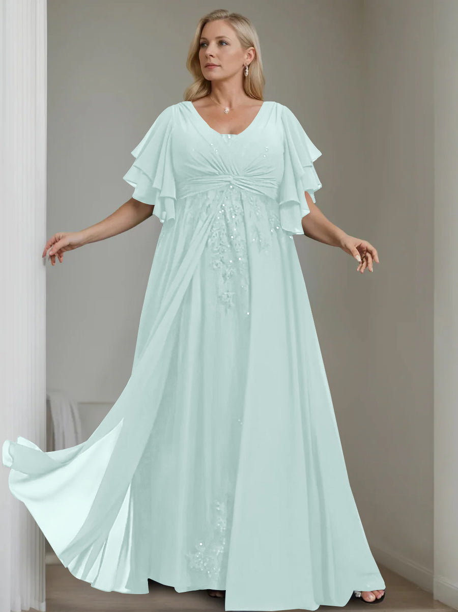 A-Line/Princess V-Neck Half Sleeves Floor-Length Unique Plus Size Mother of the Bride Dresses with Sequins & Ruffles