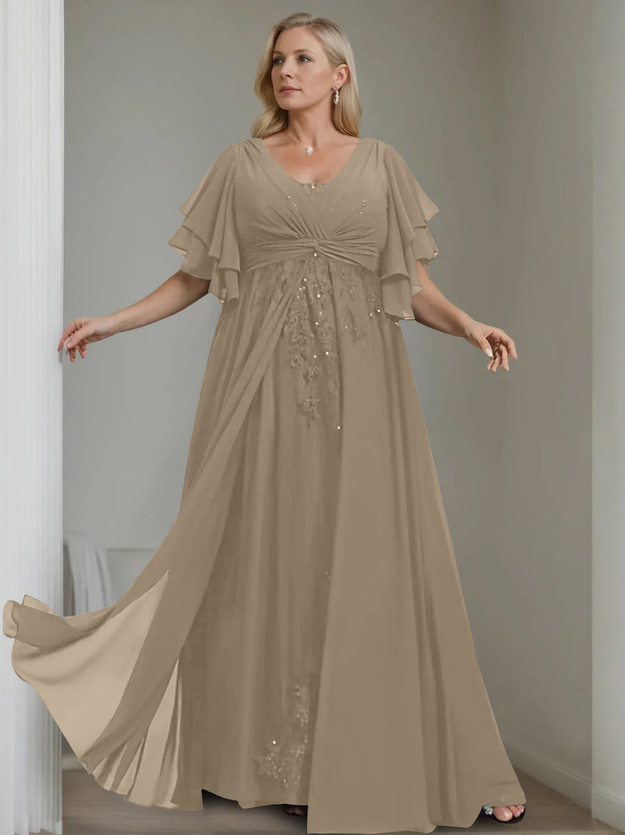 A-Line/Princess V-Neck Half Sleeves Floor-Length Unique Plus Size Mother of the Bride Dresses with Sequins & Ruffles