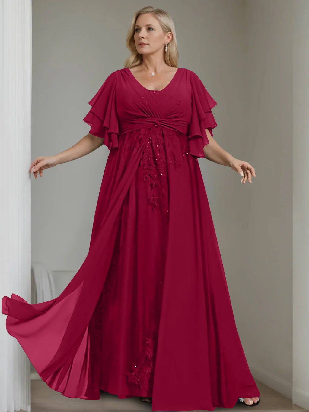 a line dress size 12 Navy Blue Mother of The Bride Dresses 2026 A-Line V-Neck Flutter Sleeves Floor-Length Chiffon Formal Evening Gowns with Sequins & Ruffles, Navy Blue