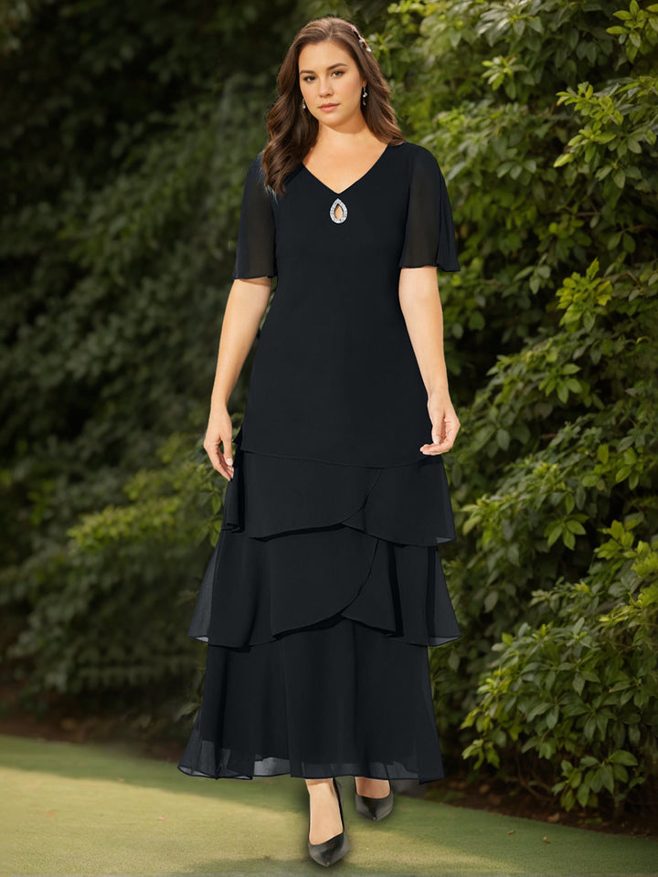 A-Line/Princess V-Neck Short Sleeves Ankle-Length Plus Size Mother Of The Bride/Groom Dresses with Sequins & Ruffles