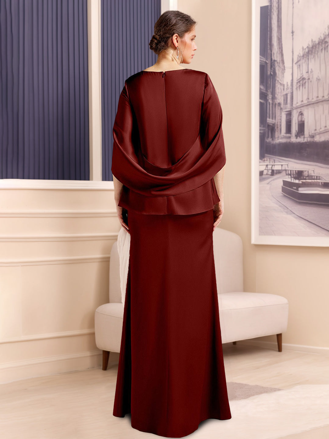 Sheath/Column Scoop Neck Half Sleeves Floor-Length Stretch Satin Plus Size Mother of the Bride/Groom Dresses