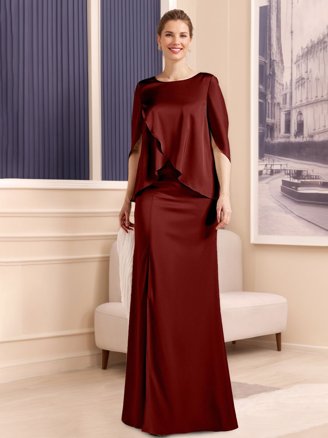 Sheath/Column Scoop Neck Half Sleeves Floor-Length Stretch Satin Plus Size Mother of the Bride/Groom Dresses