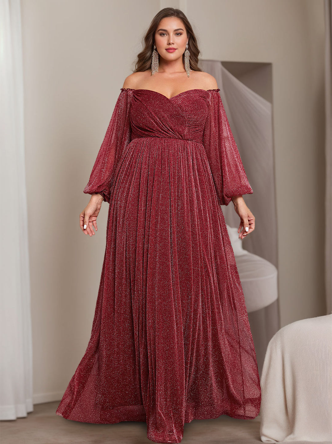 Sparkly Plus Size Mother of The Bride Dresses 2026 Off-the-Shoulder Women's A-Line Long Sleeves Floor-Length Formal Evening Gowns, Burgundy Sparkly Plus Size Mother of The Bride Dresses 2026 Off-the-Shoulder Women's A-Line Long Sleeves Floor-Length Formal Evening Gowns, Burgundy