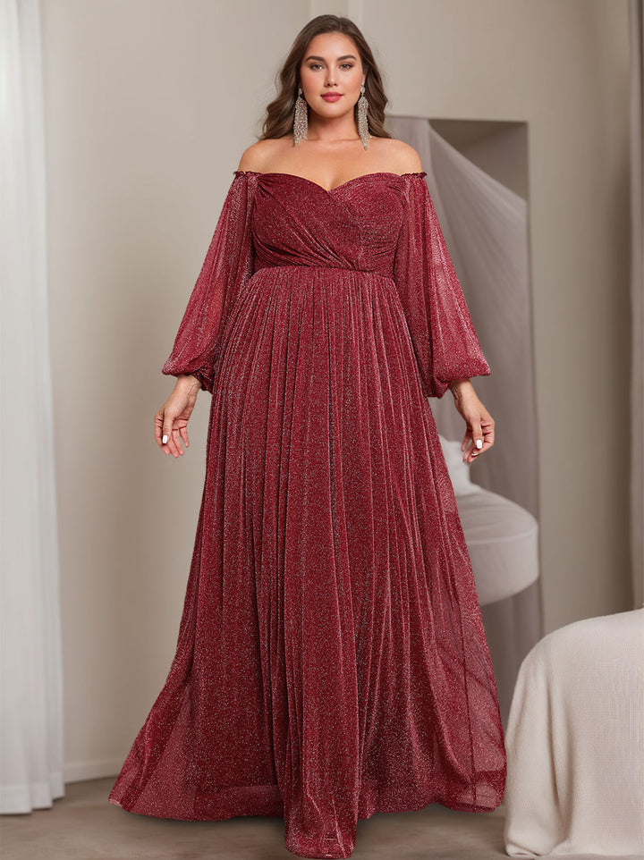 Sparkly Plus Size Mother of The Bride Dresses 2026 Off-the-Shoulder Women's A-Line Long Sleeves Floor-Length Formal Evening Gowns, Burgundy