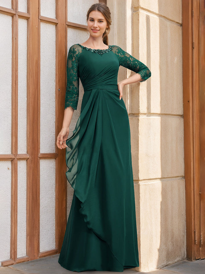 A-Line/Princess Scoop Floor-Length Mother of the Bride Dresses with Ruffles Lace 3/4 Sleeves