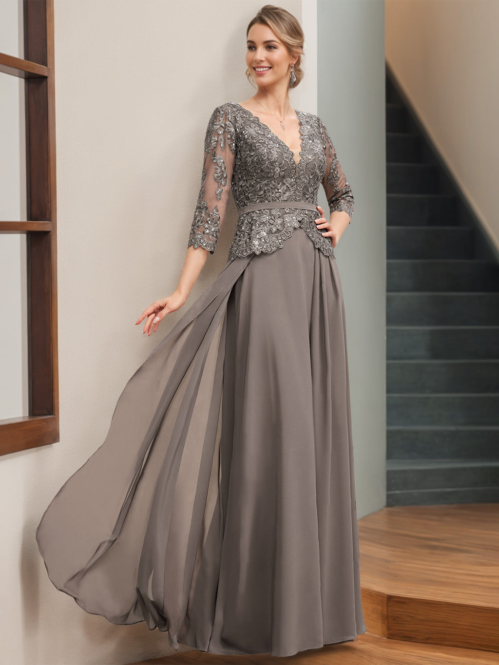 A-Line/Princess V-Neck 3/4 Length Sleeves Floor-Length Mother Of The Bride Dresses with Appliques & Sequins