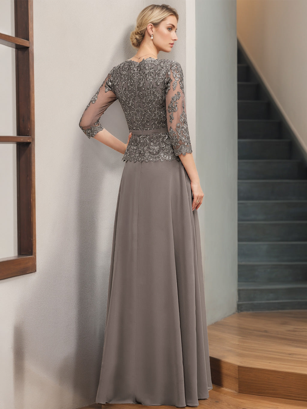 A-Line/Princess V-Neck 3/4 Length Sleeves Floor-Length Mother Of The Bride Dresses with Appliques & Sequins