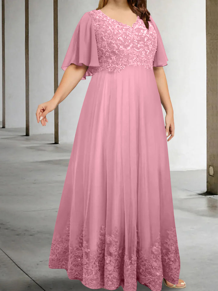 A-Line/Princess V-Neck Half Sleeves Floor-Length Plus Size Mother of the Bride Dresses with Appliques