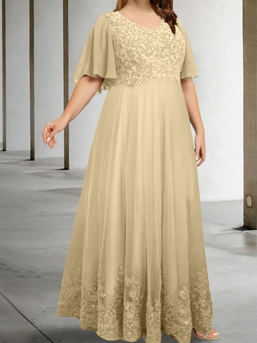 A-Line/Princess V-Neck Half Sleeves Floor-Length Plus Size Mother of the Bride Dresses with Appliques