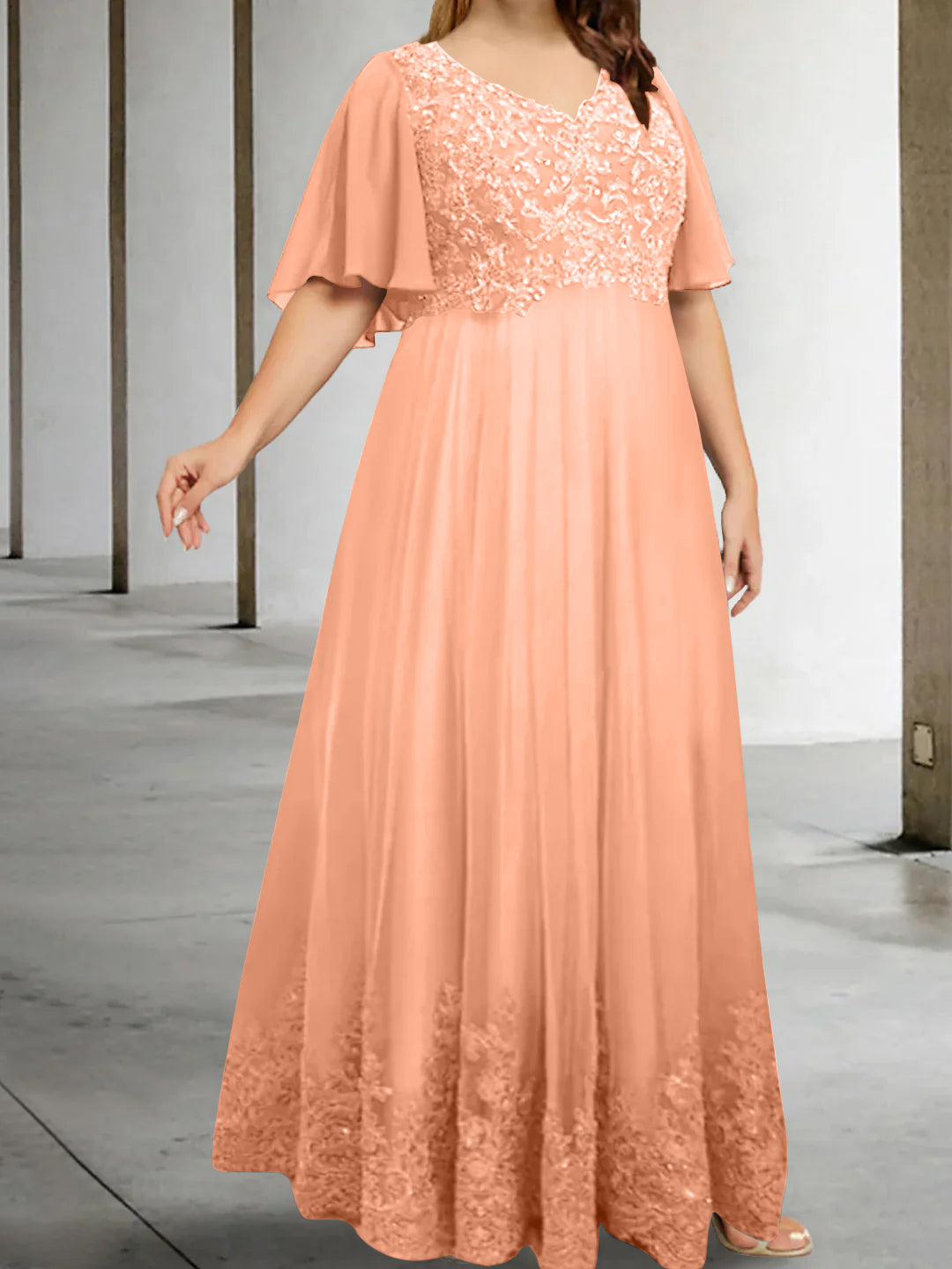 A-Line/Princess V-Neck Half Sleeves Floor-Length Plus Size Mother of the Bride Dresses with Appliques Coral A-Line/Princess V-Neck Half Sleeves Floor-Length Plus Size Mother of the Bride Dresses with Appliques Coral
