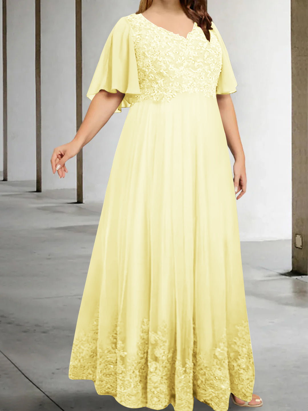 A-Line/Princess V-Neck Half Sleeves Floor-Length Plus Size Mother of the Bride Dresses with Appliques Daffodil A-Line/Princess V-Neck Half Sleeves Floor-Length Plus Size Mother of the Bride Dresses with Appliques Daffodil