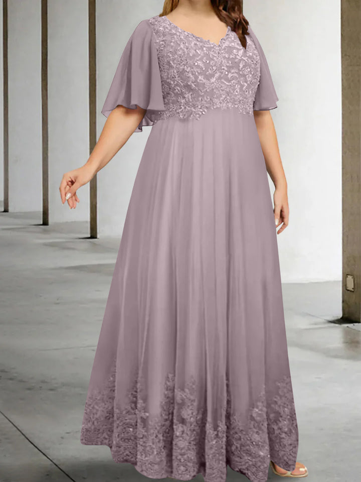 A-Line/Princess V-Neck Half Sleeves Floor-Length Plus Size Mother of the Bride Dresses with Appliques