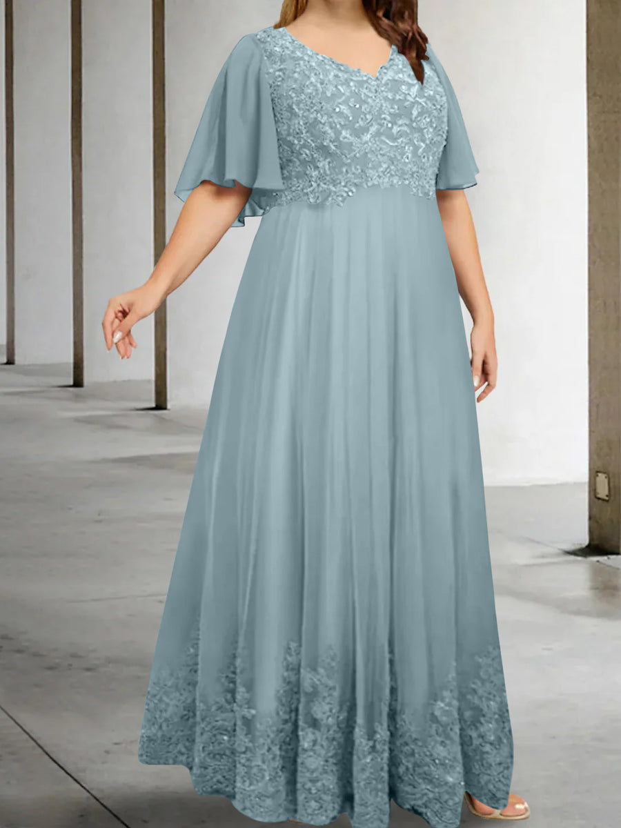 A-Line/Princess V-Neck Half Sleeves Floor-Length Plus Size Mother of the Bride Dresses with Appliques