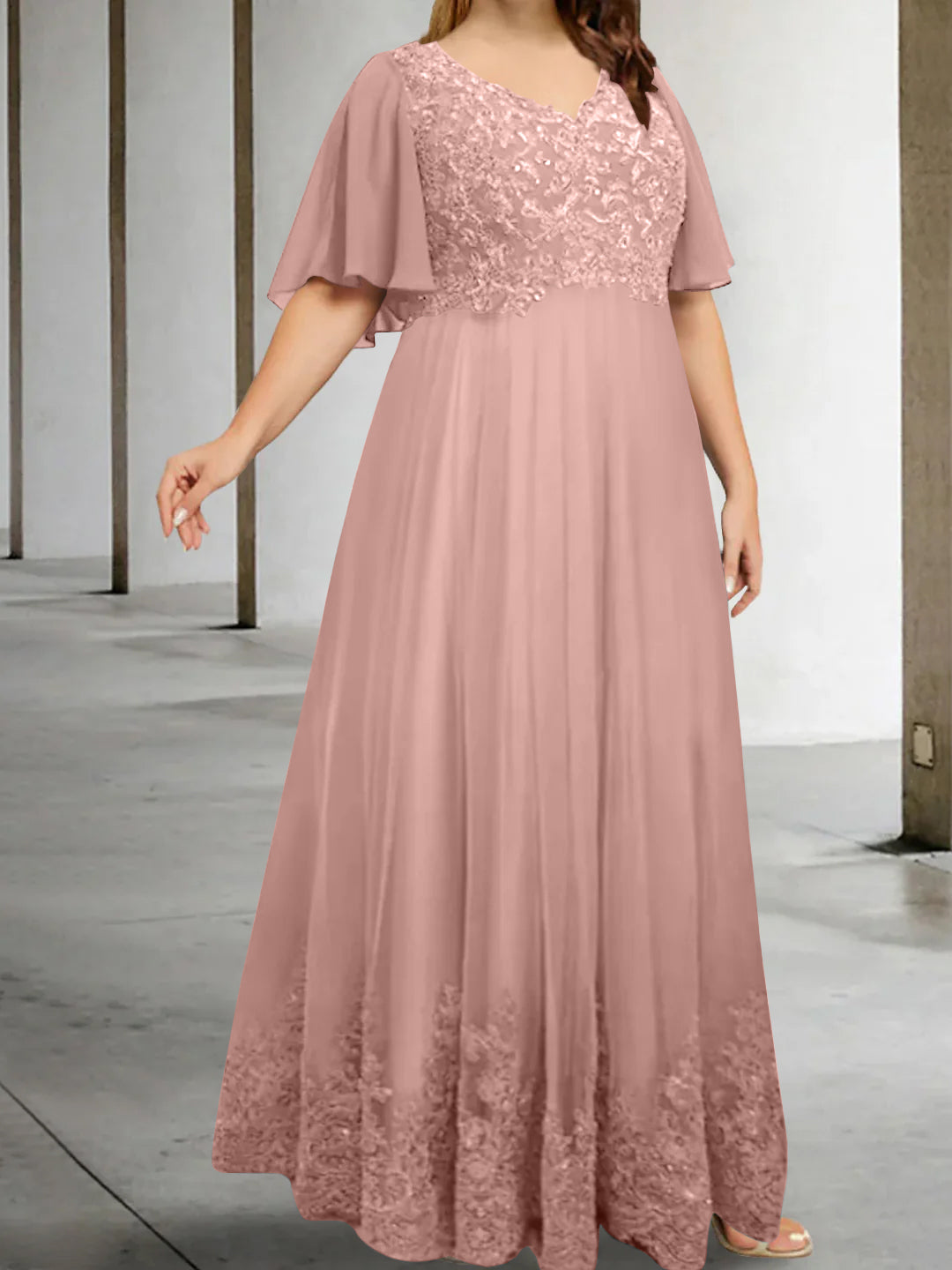 A-Line/Princess V-Neck Half Sleeves Floor-Length Mother of the Bride Dresses with Applique Dusty Rose A-Line/Princess V-Neck Half Sleeves Floor-Length Mother of the Bride Dresses with Applique Dusty Rose