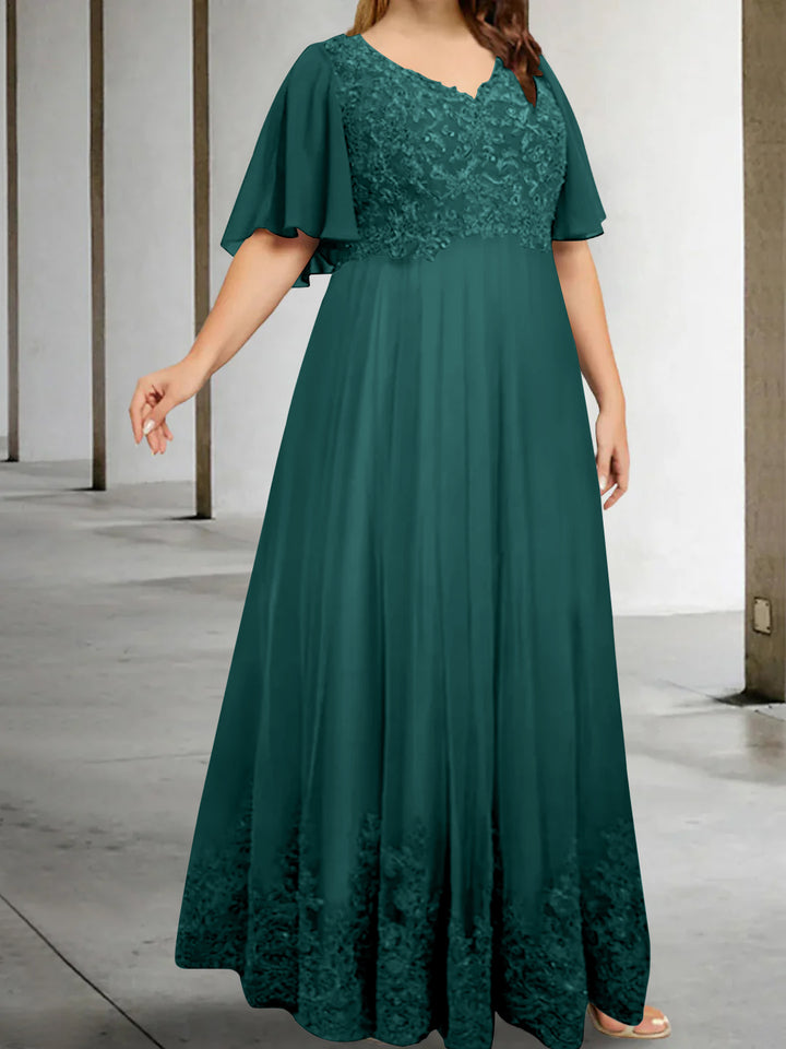 A-Line/Princess V-Neck Half Sleeves Floor-Length Plus Size Mother of the Bride Dresses with Appliques