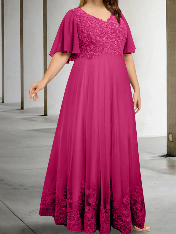 A-Line/Princess V-Neck Half Sleeves Floor-Length Plus Size Mother of the Bride Dresses with Appliques