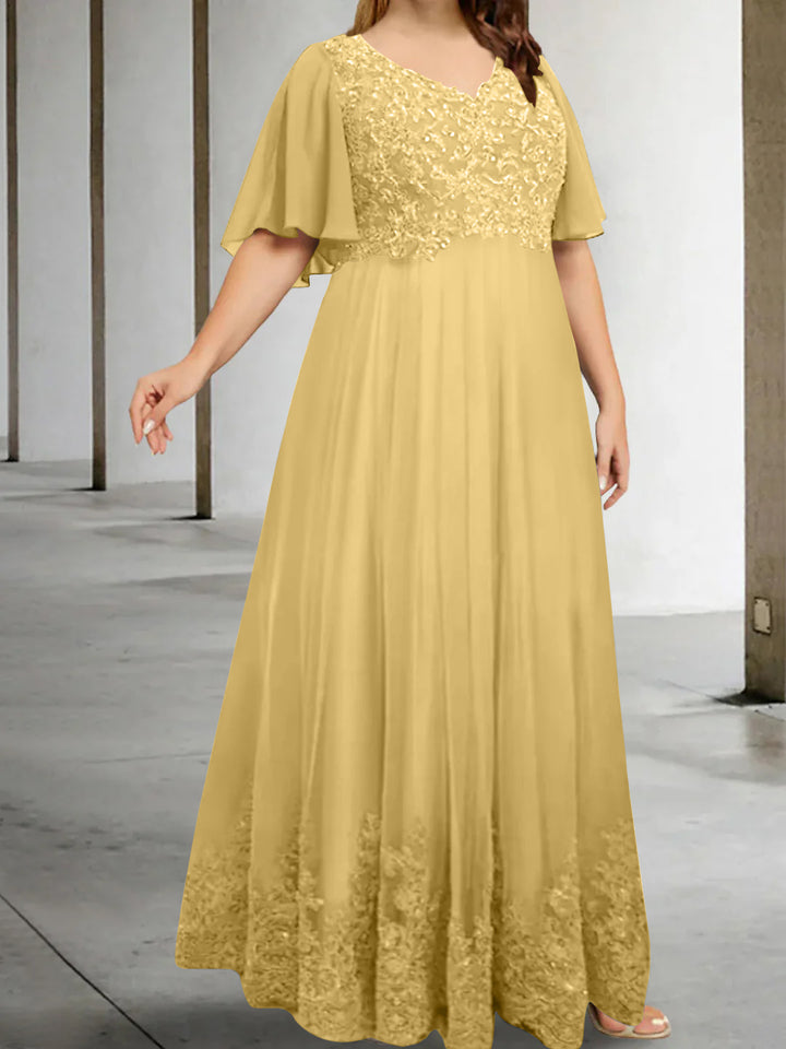 A-Line/Princess V-Neck Half Sleeves Floor-Length Plus Size Mother of the Bride Dresses with Appliques