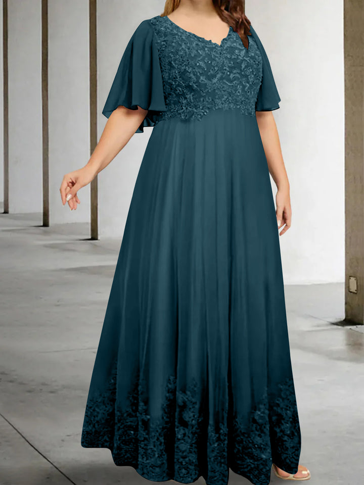 A-Line/Princess V-Neck Half Sleeves Floor-Length Plus Size Mother of the Bride Dresses with Appliques