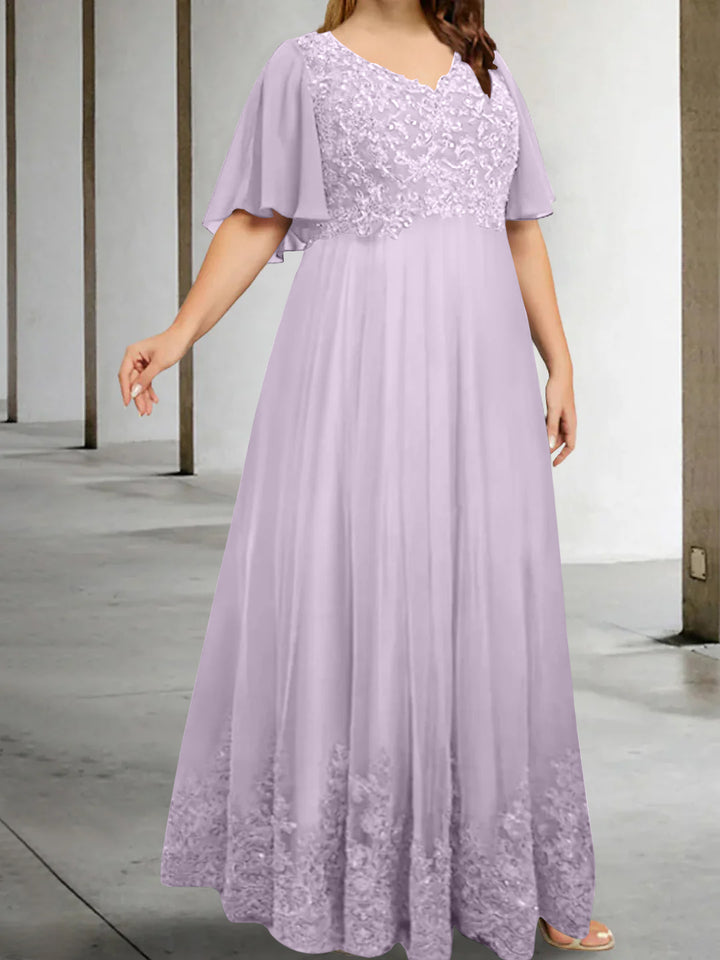 A-Line/Princess V-Neck Half Sleeves Floor-Length Plus Size Mother of the Bride Dresses with Appliques