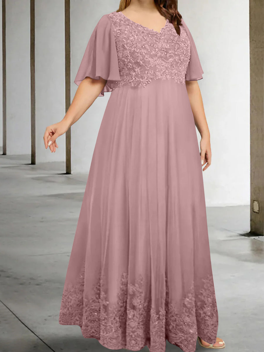 A-Line/Princess V-Neck Half Sleeves Floor-Length Plus Size Mother of the Bride Dresses with Appliques