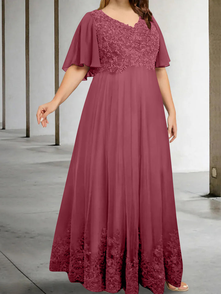 A-Line/Princess V-Neck Half Sleeves Floor-Length Plus Size Mother of the Bride Dresses with Appliques