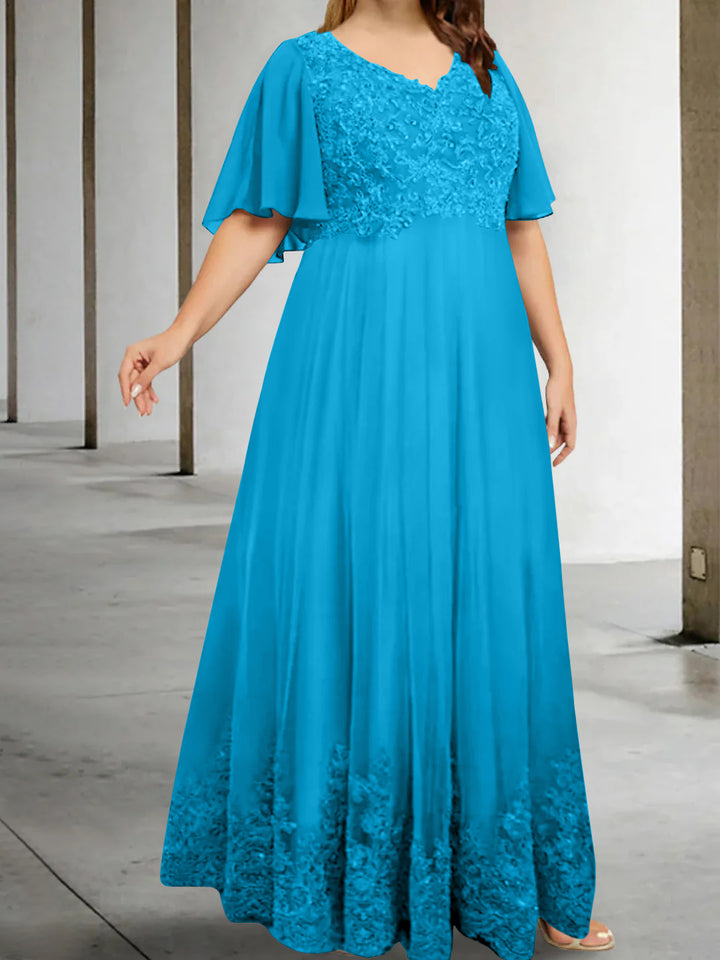 A-Line/Princess V-Neck Half Sleeves Floor-Length Plus Size Mother of the Bride Dresses with Appliques