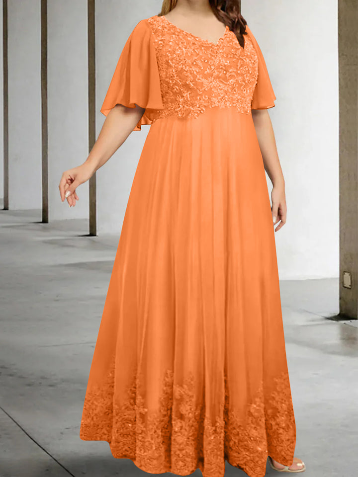 A-Line/Princess V-Neck Half Sleeves Floor-Length Plus Size Mother of the Bride Dresses with Appliques