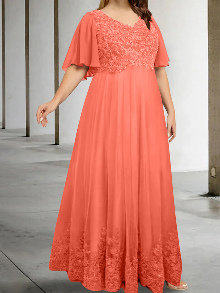 A-Line/Princess V-Neck Half Sleeves Floor-Length Plus Size Mother of the Bride Dresses with Appliques