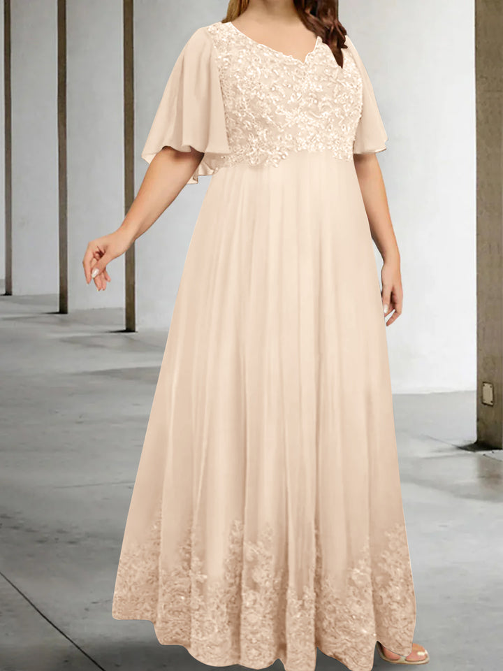A-Line/Princess V-Neck Half Sleeves Floor-Length Plus Size Mother of the Bride Dresses with Appliques
