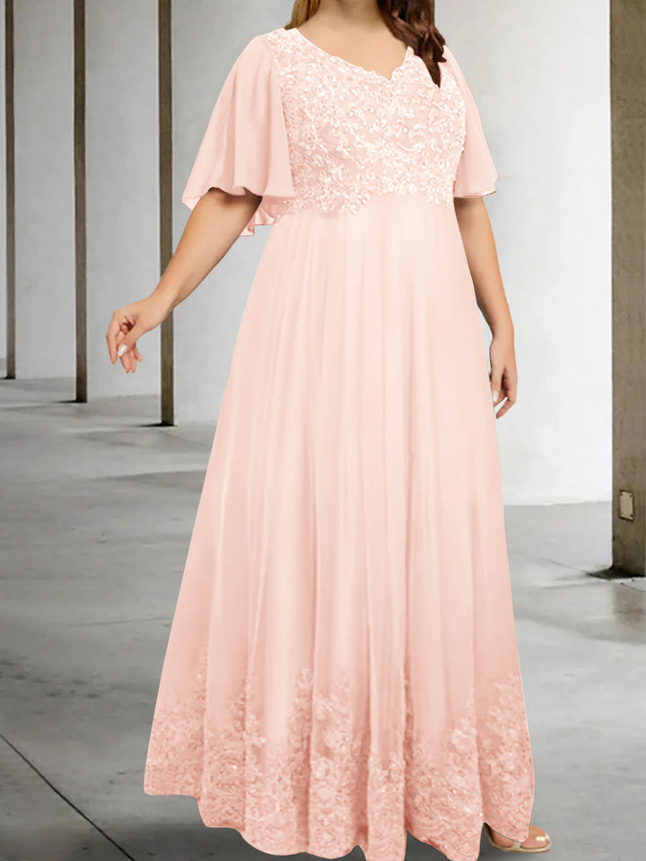A-Line/Princess V-Neck Half Sleeves Floor-Length Plus Size Mother of the Bride Dresses with Appliques