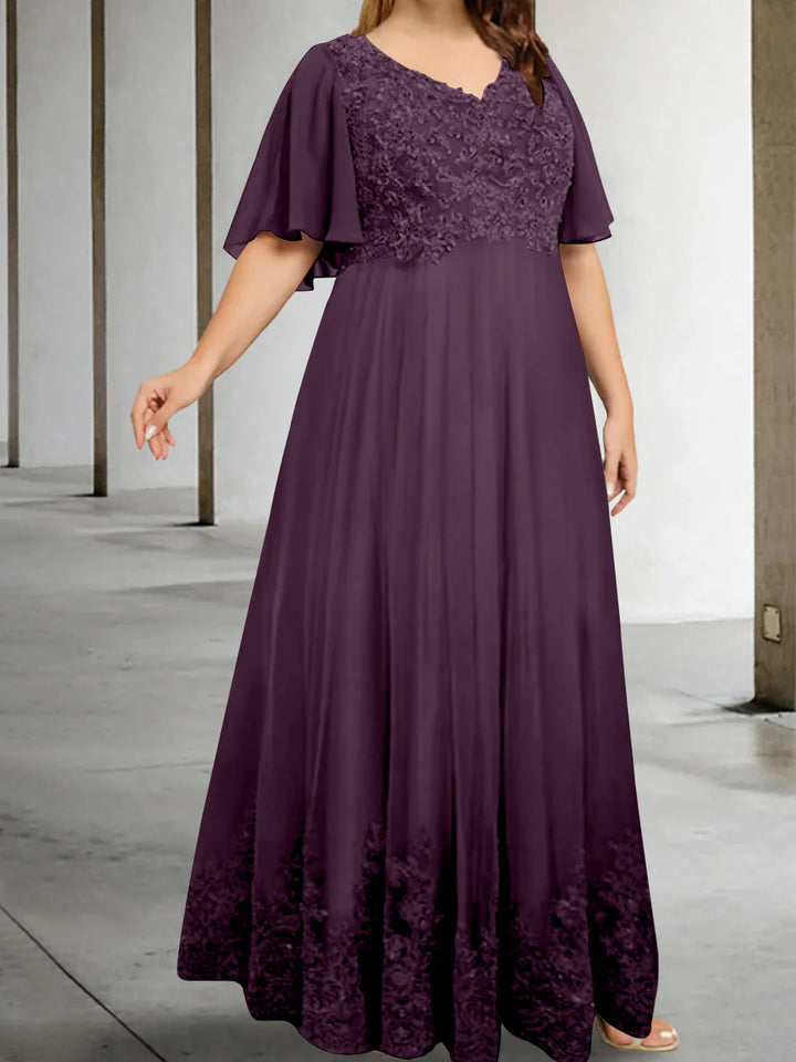 A-Line/Princess V-Neck Half Sleeves Floor-Length Plus Size Mother of the Bride Dresses with Appliques