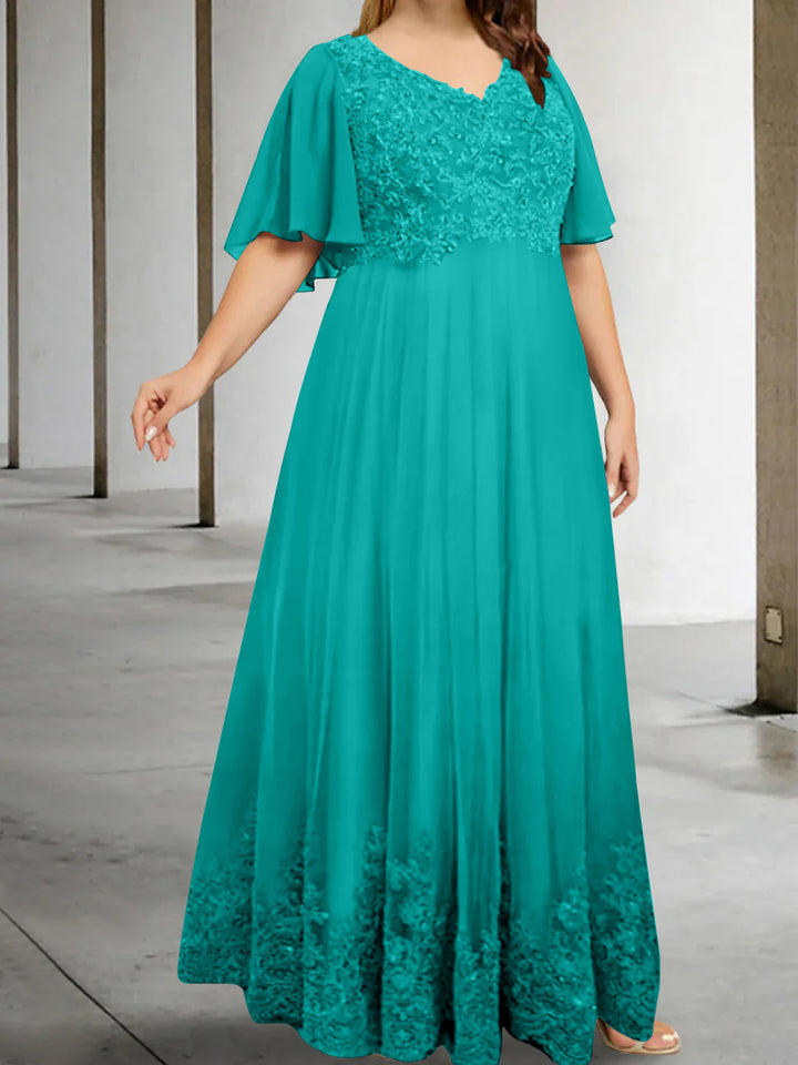 A-Line/Princess V-Neck Half Sleeves Floor-Length Plus Size Mother of the Bride Dresses with Appliques