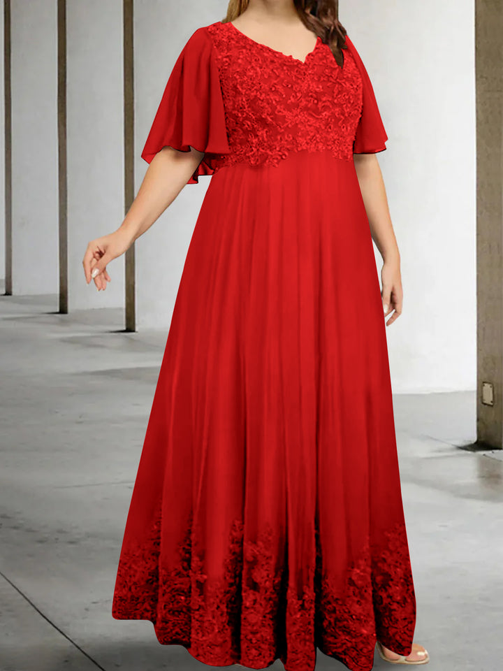 A-Line/Princess V-Neck Half Sleeves Floor-Length Plus Size Mother of the Bride Dresses with Appliques
