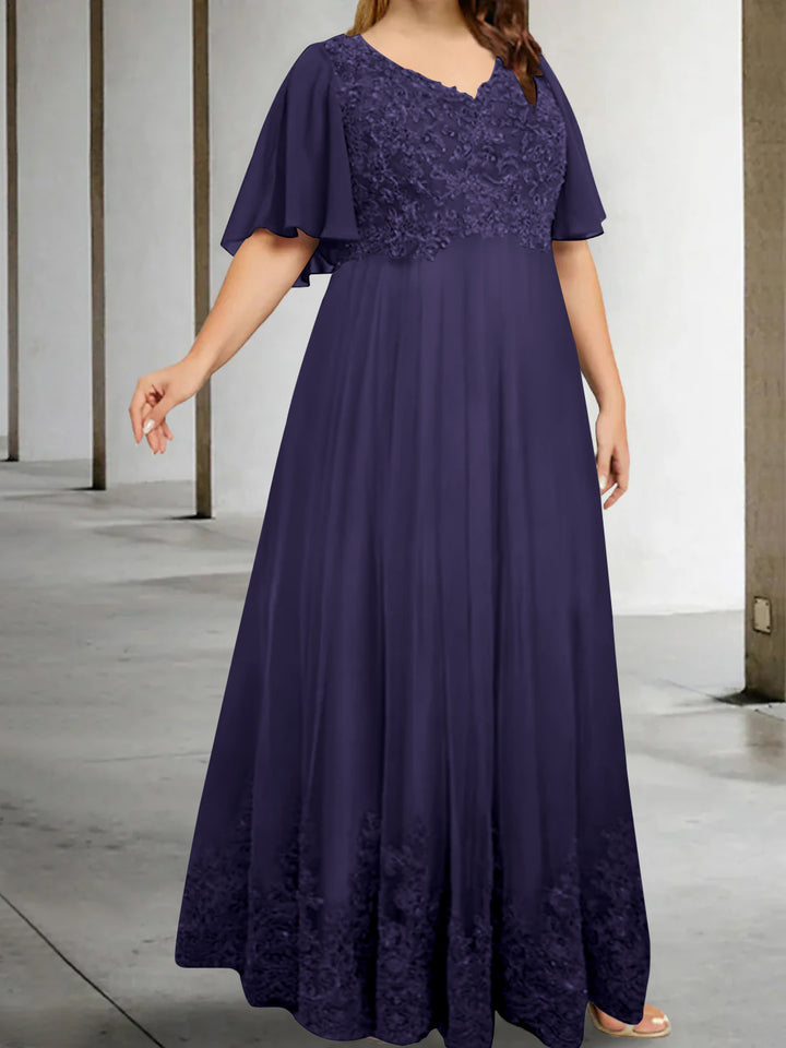 A-Line/Princess V-Neck Half Sleeves Floor-Length Plus Size Mother of the Bride Dresses with Appliques