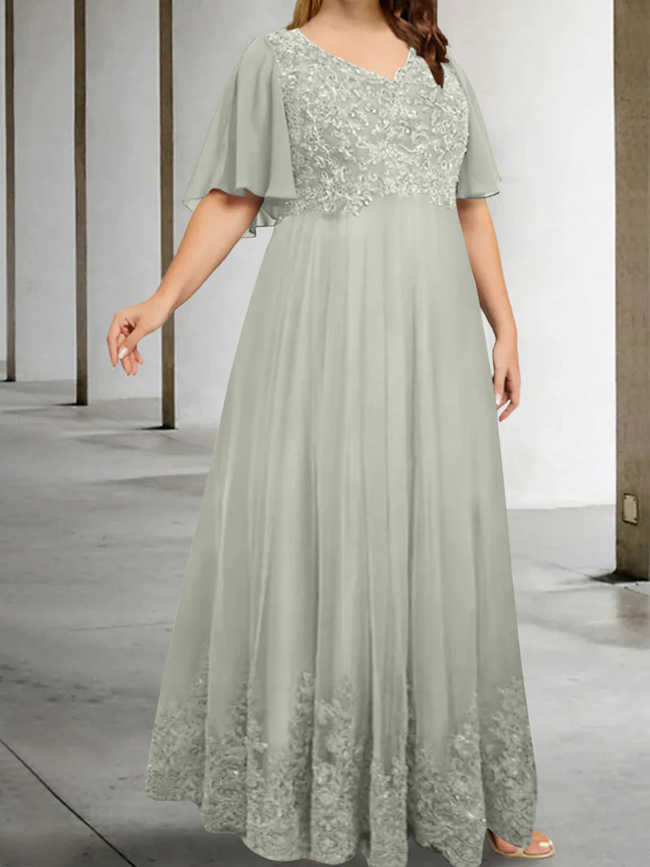 A-Line/Princess V-Neck Half Sleeves Floor-Length Plus Size Mother of the Bride Dresses with Appliques