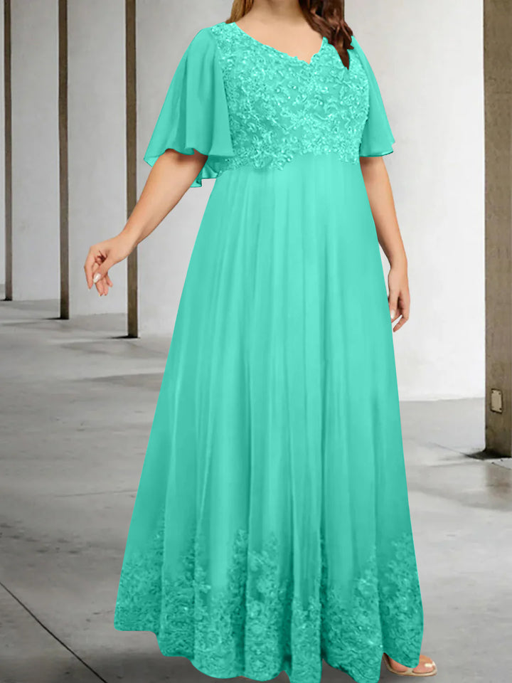 A-Line/Princess V-Neck Half Sleeves Floor-Length Plus Size Mother of the Bride Dresses with Appliques