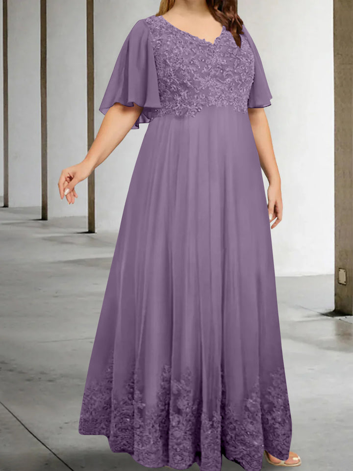A-Line/Princess V-Neck Half Sleeves Floor-Length Plus Size Mother of the Bride Dresses with Appliques