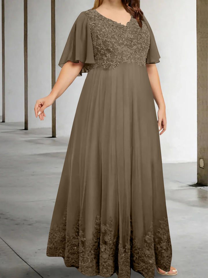 A-Line/Princess V-Neck Half Sleeves Floor-Length Plus Size Mother of the Bride Dresses with Appliques