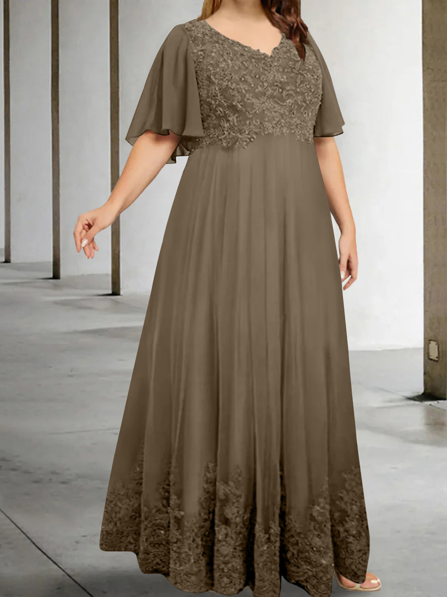 A-Line/Princess V-Neck Half Sleeves Floor-Length Plus Size Mother of the Bride Dresses with Appliques