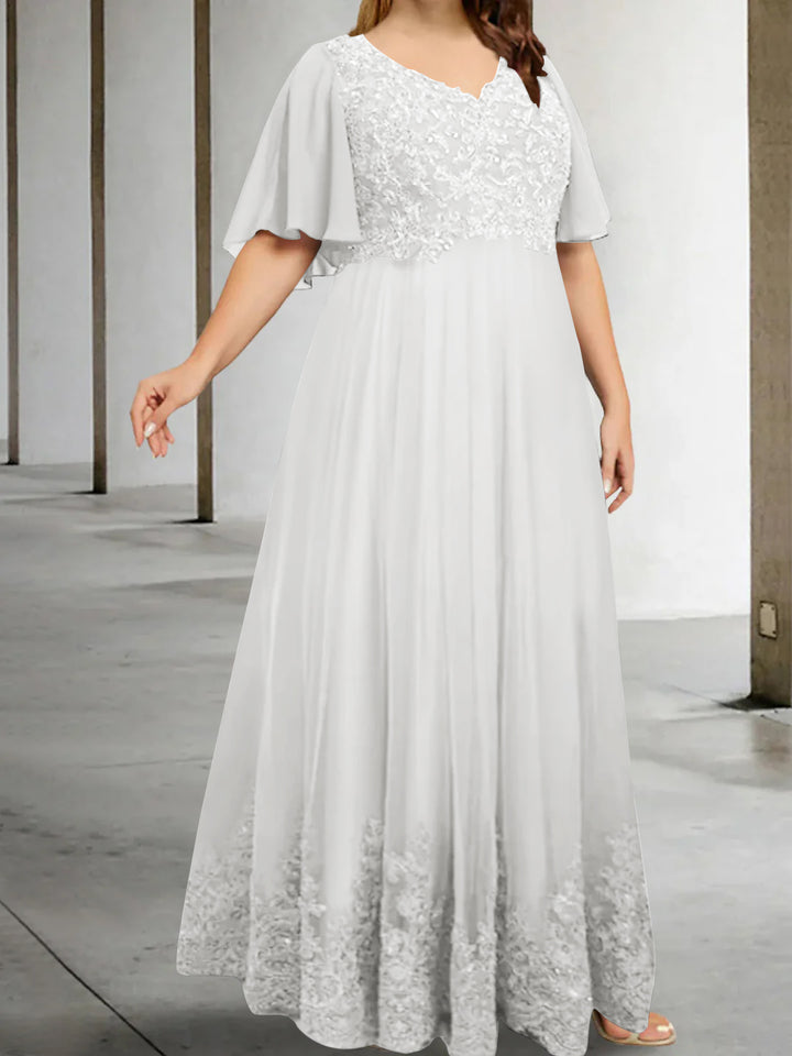 A-Line/Princess V-Neck Half Sleeves Floor-Length Plus Size Mother of the Bride Dresses with Appliques