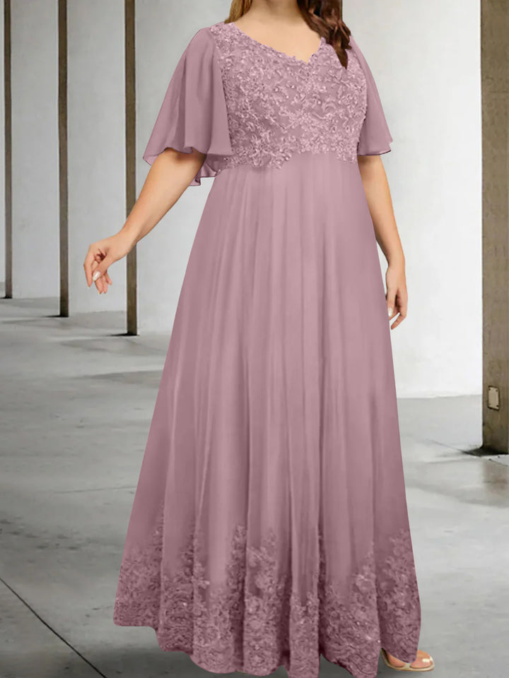 A-Line/Princess V-Neck Half Sleeves Floor-Length Plus Size Mother of the Bride Dresses with Appliques