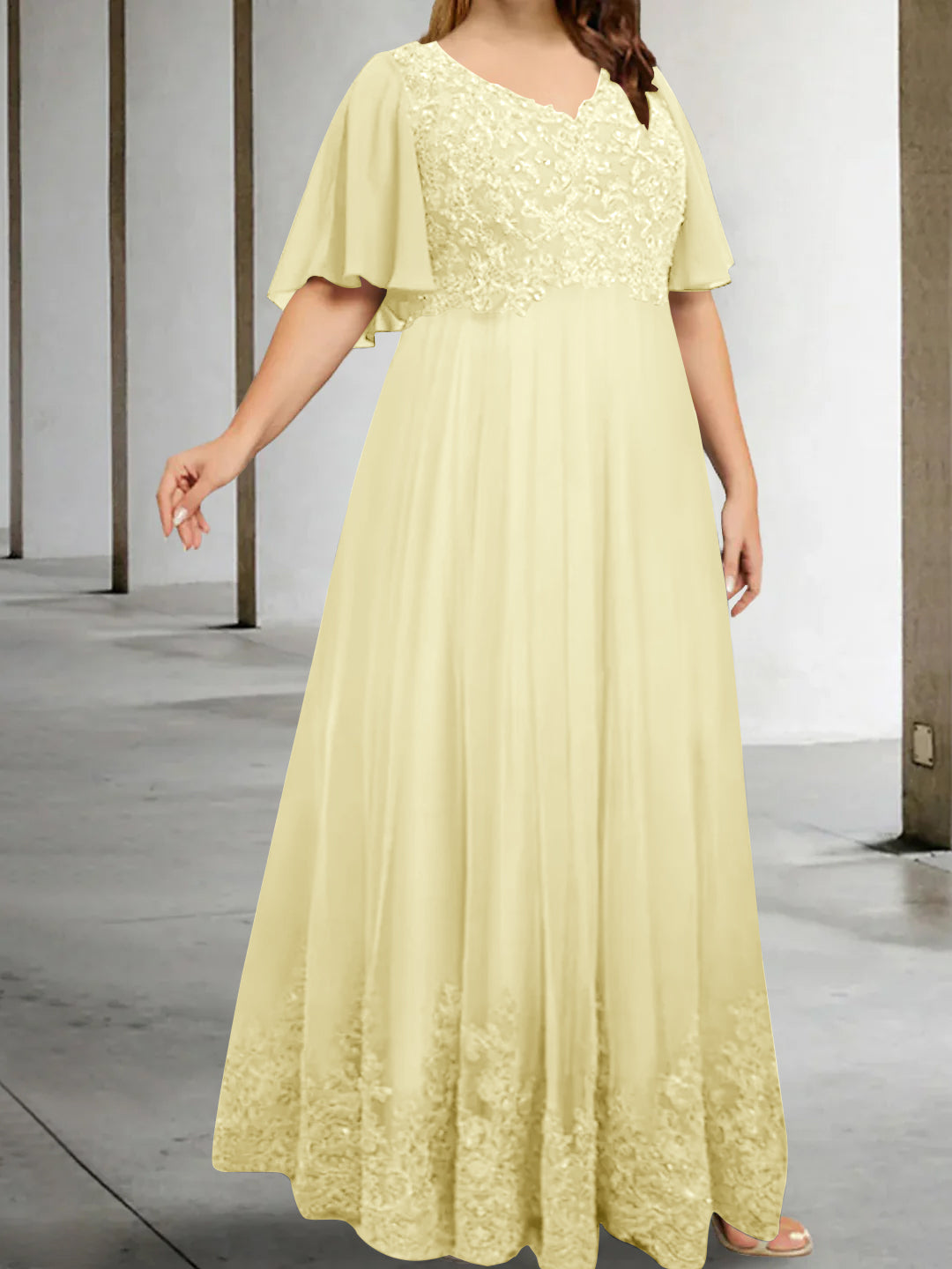 A-Line/Princess V-Neck Half Sleeves Floor-Length Plus Size Mother of the Bride Dresses with Appliques Yellow A-Line/Princess V-Neck Half Sleeves Floor-Length Plus Size Mother of the Bride Dresses with Appliques Yellow