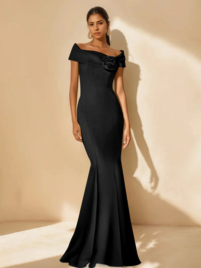 Black Floral Off the Shoulder Ankle Length Mother of the Bride Gown